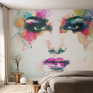 Papier Peint Photo Premium Canvas - Un portrait peint avec un arc-en-ciel - Abstraction, Visage de femme, Morceau - 450x315 cm