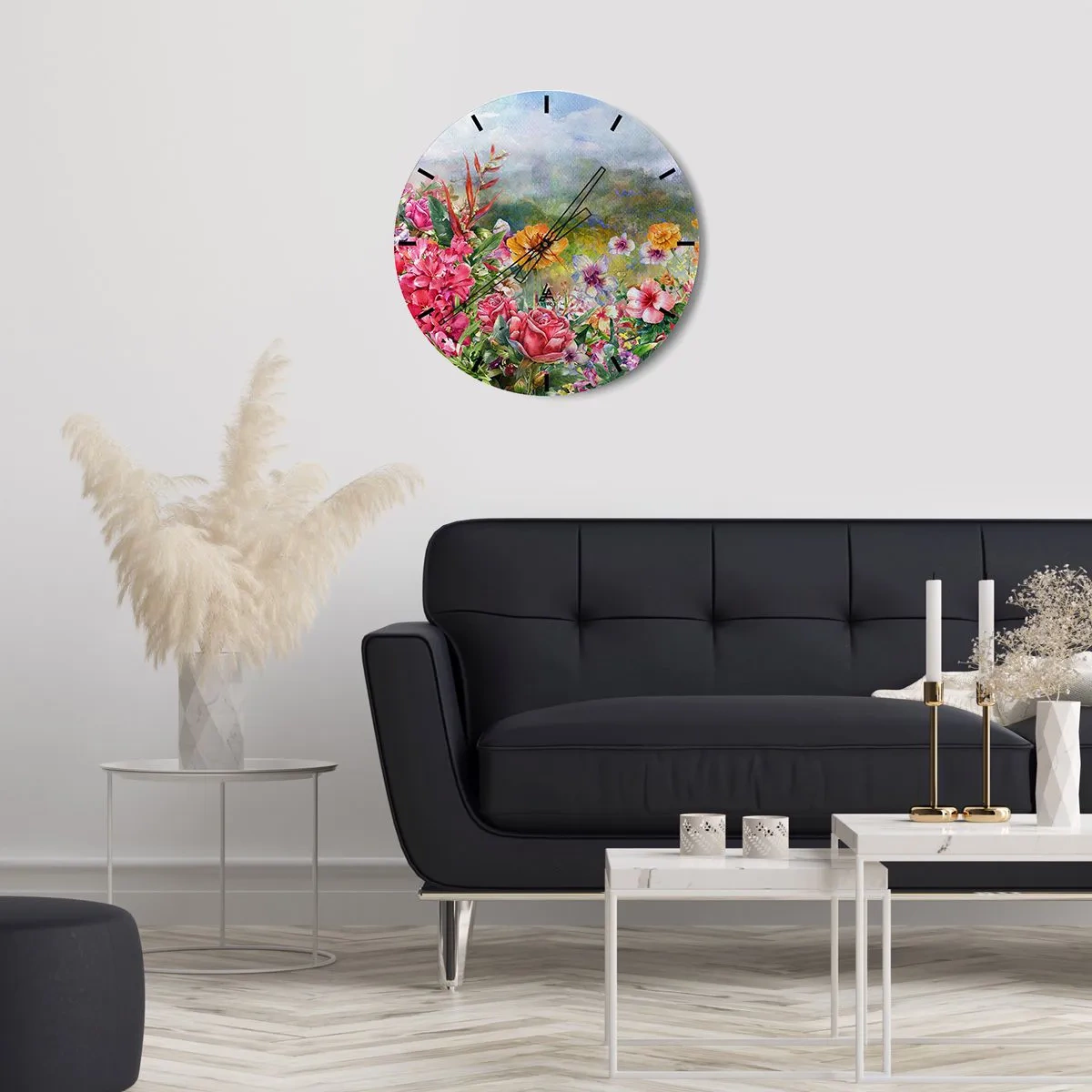 Horloge murale - Pendule murale - Un jardin coloré rempli de fleurs sur fond de paysage - 30x30cm - Un jardin devenu fou - Décoration murale moderne pour le salon, la cuisine et la chambre ARTTOR