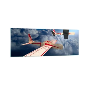 Impression sur verre - Image sur verre - Deux avions en bois planant au-dessus des nuages contre un ciel bleu. - 140x50cm - Encore plus haut, encore plus loin - Décoration murale moderne pour le salon et la chambre ARTTOR