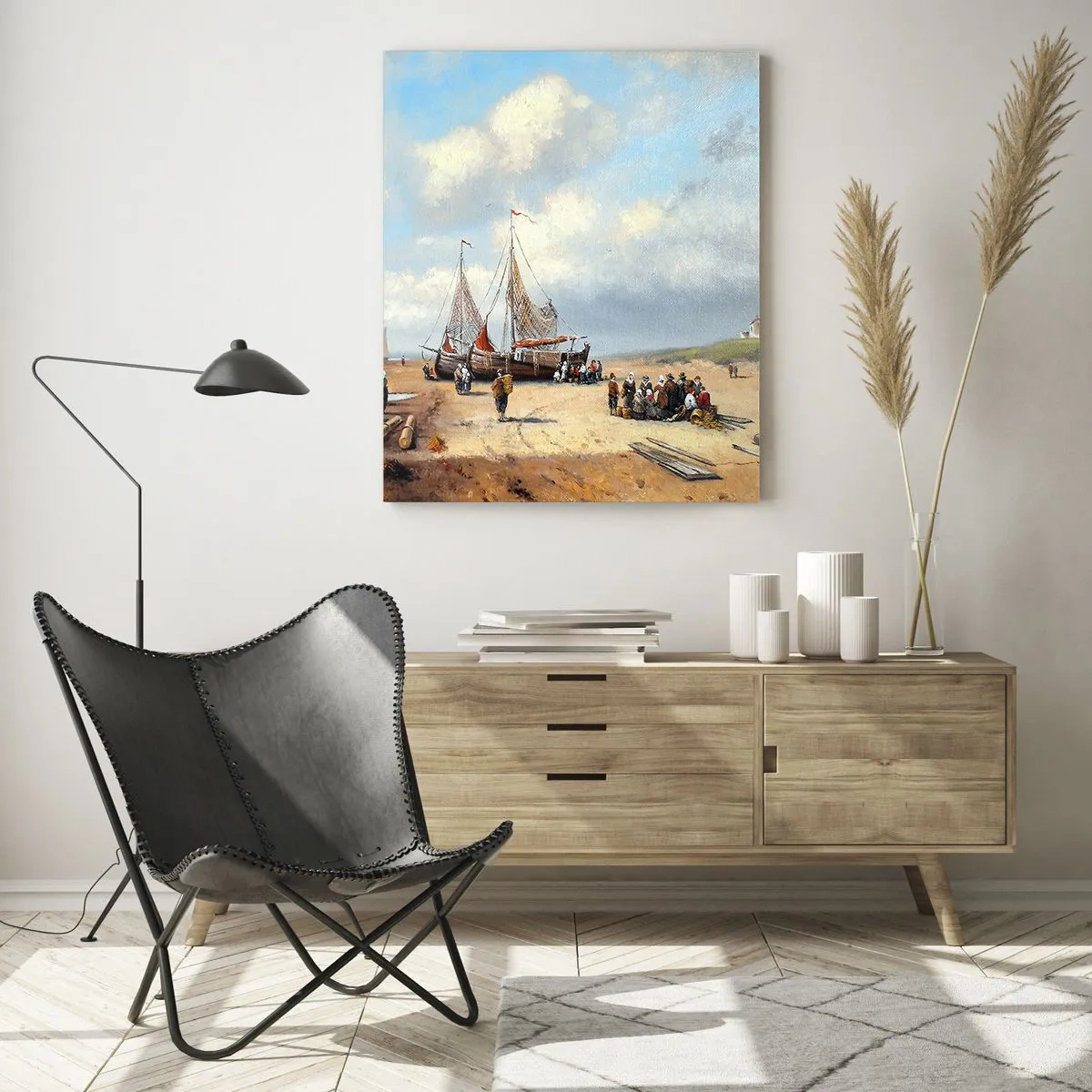 Impression sur verre - Image sur verre - Scène de plage avec des bateaux de pêche et des pêcheurs - 50x70cm - Après une capture réussie - Décoration murale moderne pour le salon et la chambre ARTTOR