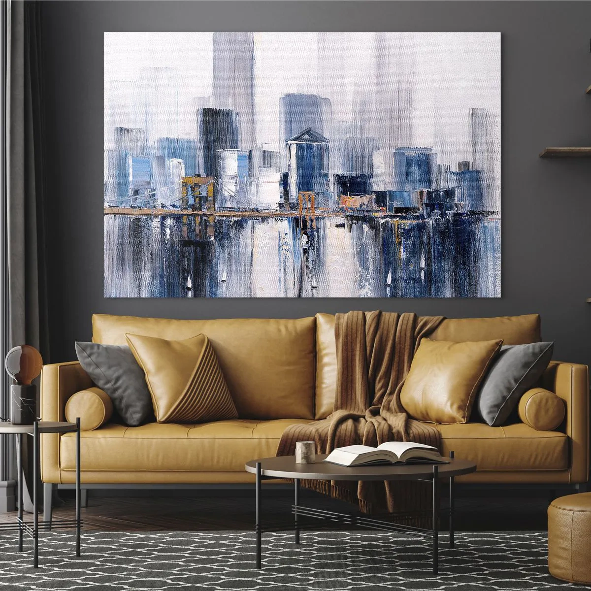 Impression sur verre - Image sur verre - Panorama abstrait de la ville avec des gratte-ciel et un pont aux couleurs froides - 100x70cm - Impression new-yorkaise - Décoration murale moderne pour le salon et la chambre ARTTOR