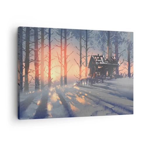 Impression sur toile - Image sur toile - Un chalet forestier dans un paysage hivernal avec les rayons du soleil couchant - 70x50cm - Seul le soleil regarde ici - Décoration murale moderne pour le salon et la chambre ARTTOR