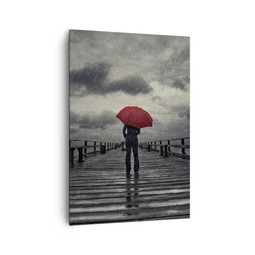 Impression sur toile - Image sur toile - Une personne avec un parapluie rouge sur une jetée pluvieuse - 70x100cm - Peu importe qu'il pleuve - Décoration murale moderne pour le salon et la chambre ARTTOR