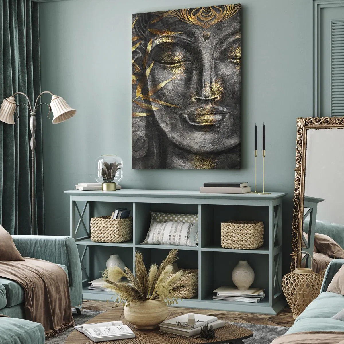 Impression sur toile - Image sur toile - Image de Bouddha zen avec des bambous dorés - 50x70cm - Ressentir le calme - Décoration murale moderne pour le salon et la chambre ARTTOR