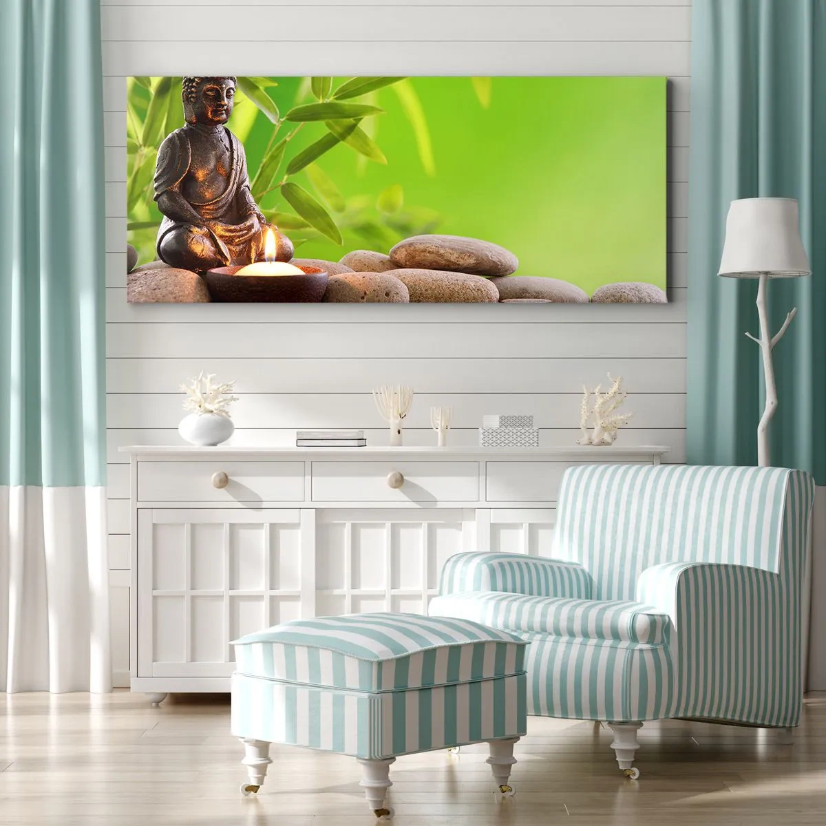 Impression sur toile - Image sur toile - Figure de Bouddha avec des pierres et une bougie sur un fond de bambou - 140x50cm - La vie est belle - Décoration murale moderne pour le salon et la chambre ARTTOR