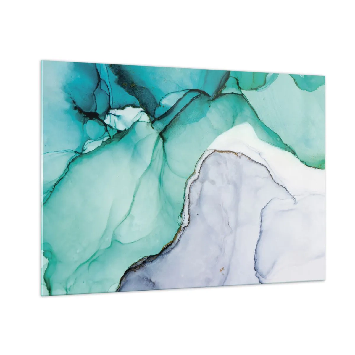 Impression sur verre - Image sur verre - Une peinture abstraite aux tons turquoise et blanc, avec des craquelures délicates. - 100x70cm - Étude de turquoise - Décoration murale moderne pour le salon et la chambre ARTTOR