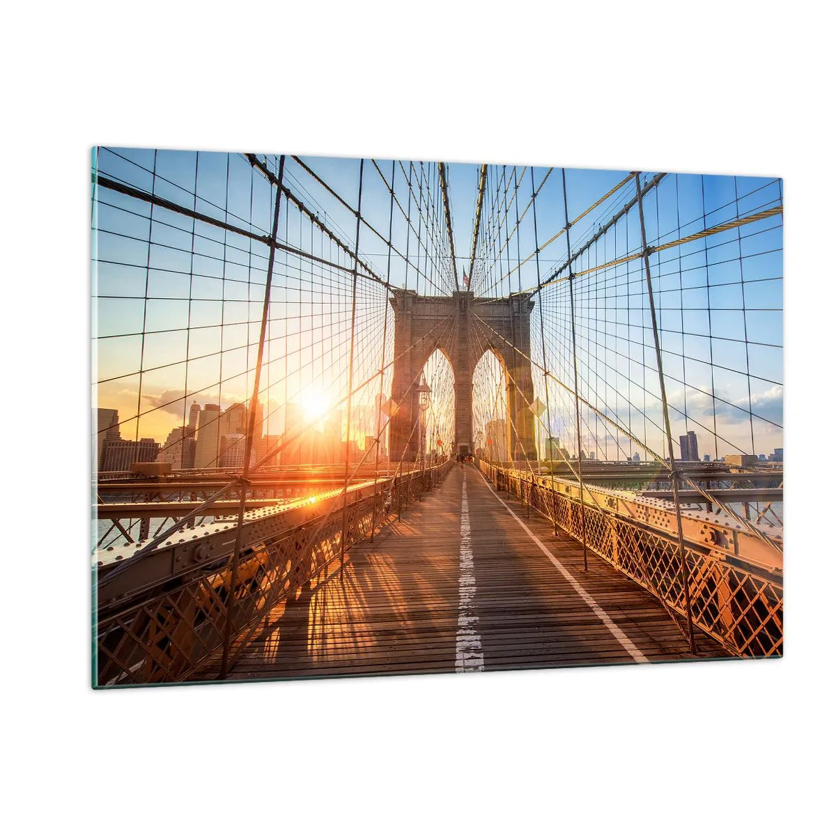 Impression sur verre - Image sur verre - Coucher de soleil sur le pont de Brooklyn à New York - 120x80cm - Sur le pont d'or - Décoration murale moderne pour le salon et la chambre ARTTOR