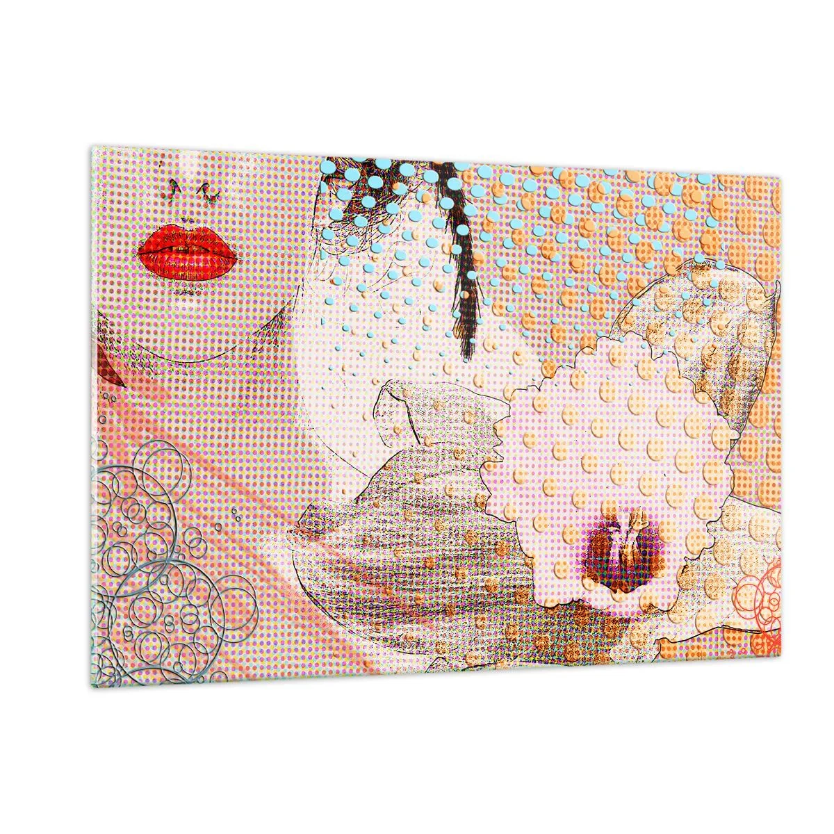 Impression sur verre - Image sur verre - Illustration d'un portrait de femme avec une fleur en arrière-plan dans le style pop art - 120x80cm - Héroïne de bande dessinée - Décoration murale moderne pour le salon et la chambre ARTTOR