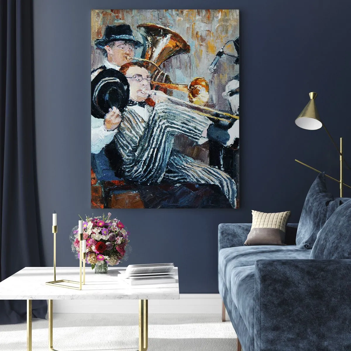 Impression sur verre - Image sur verre - Un groupe de jazz dans une scène impressionniste atmosphérique - 50x70cm - C'est tout le Jazz - Décoration murale moderne pour le salon et la chambre ARTTOR