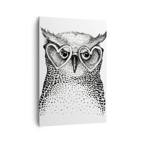 Impression sur toile - Image sur toile - Graphique élégant d'un hibou portant des lunettes en forme de cœur - 70x100cm - Sagement et avec amour - Décoration murale moderne pour le salon et la chambre ARTTOR