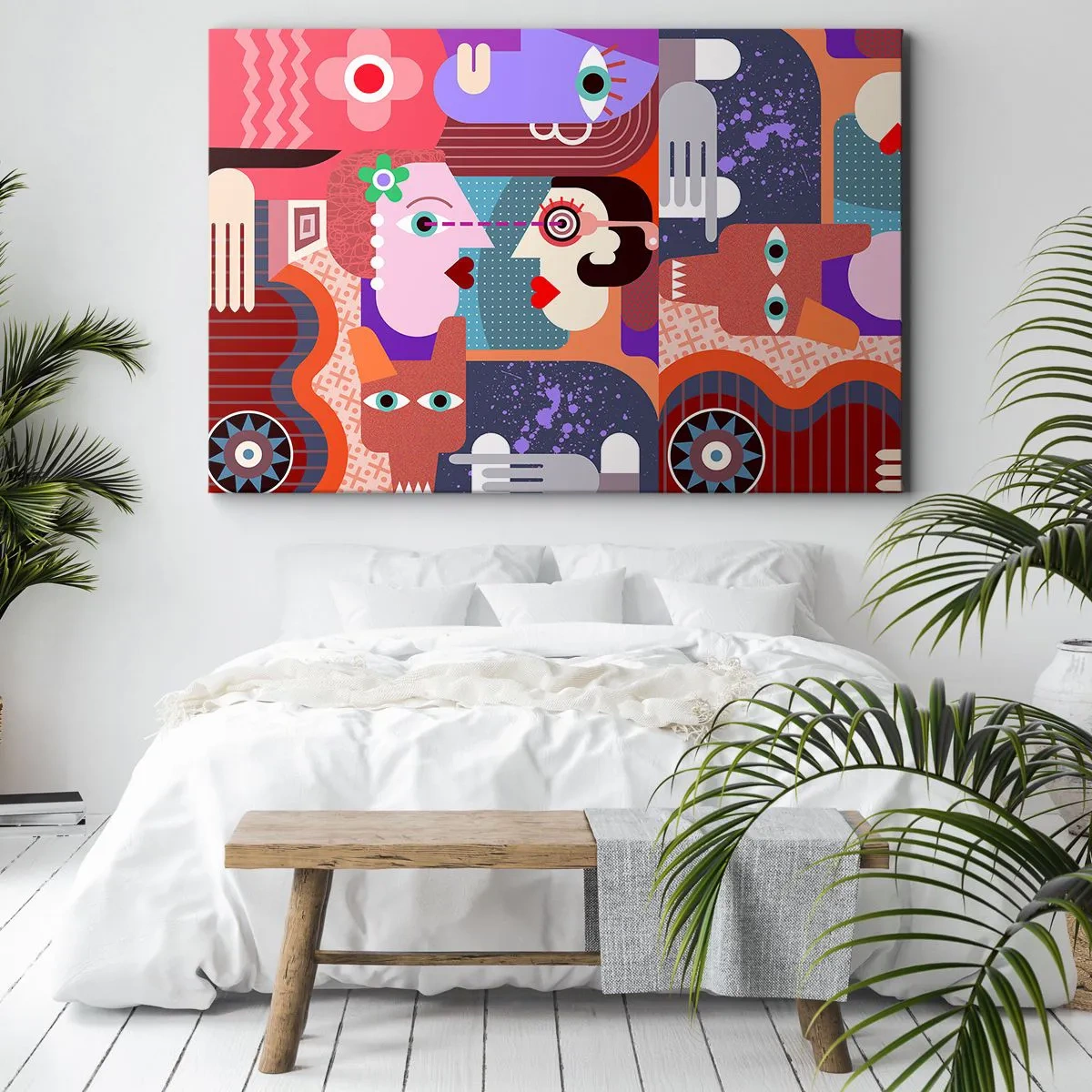 Impression sur toile - Image sur toile - Figures abstraites aux couleurs vives - 70x50cm - Les yeux dans les yeux - Décoration murale moderne pour le salon et la chambre ARTTOR