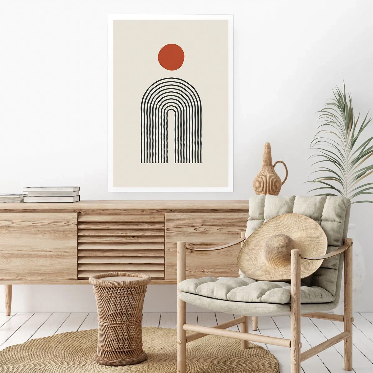 Affiche - Poster - Abstraction géométrique avec un arc linéaire et un cercle rouge. - 50x70cm - Le magnétisme des formes et des couleurs - Décoration murale moderne pour le salon et la chambre ARTTOR