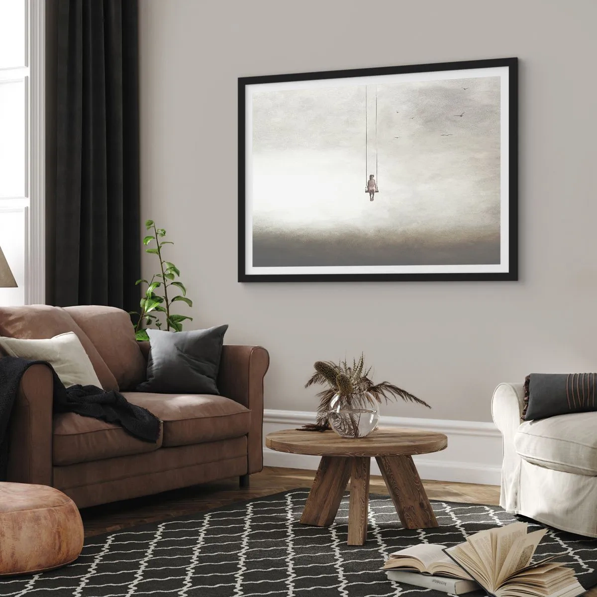 Affiche dans un cadre noir - Poster - Une figure sur une balançoire suspendue dans l'espace - 70x50cm - Enfant en nous - Décoration murale moderne pour le salon et la chambre ARTTOR
