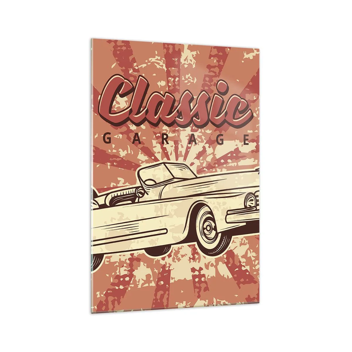 Impression sur verre - Image sur verre - Affiche rétro avec une voiture classique et les mots Classic Garage - 70x100cm - Et à la radio, Elvis - Décoration murale moderne pour le salon et la chambre ARTTOR