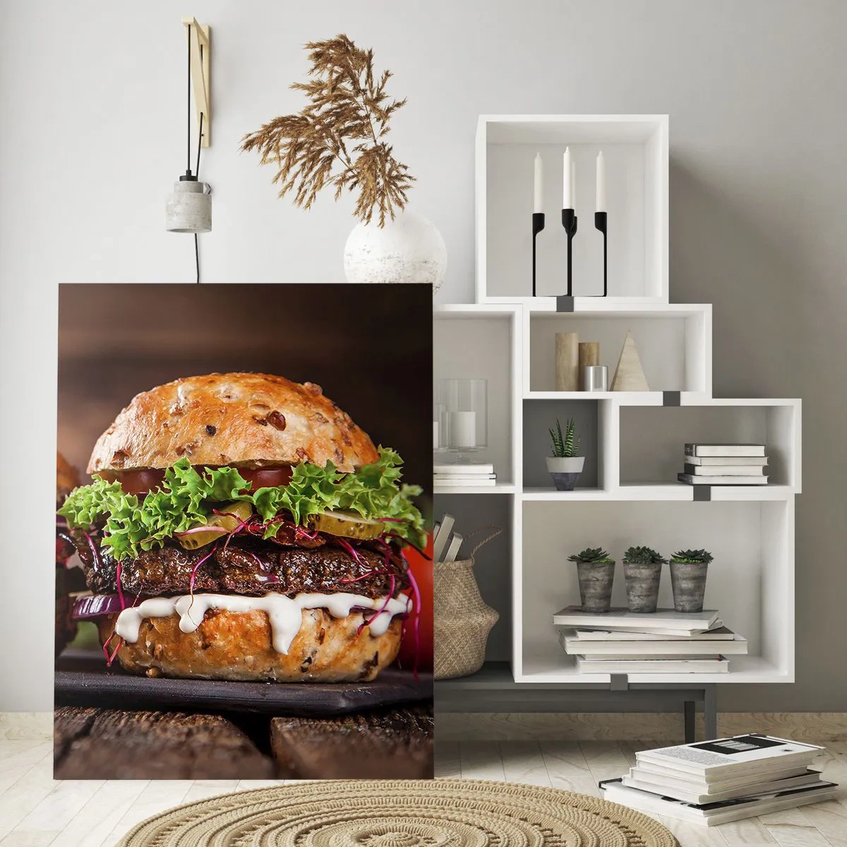 Impression sur verre - Image sur verre - Burgers appétissants avec légumes et sauce - 50x70cm - American dream - Décoration murale moderne pour le salon et la chambre ARTTOR