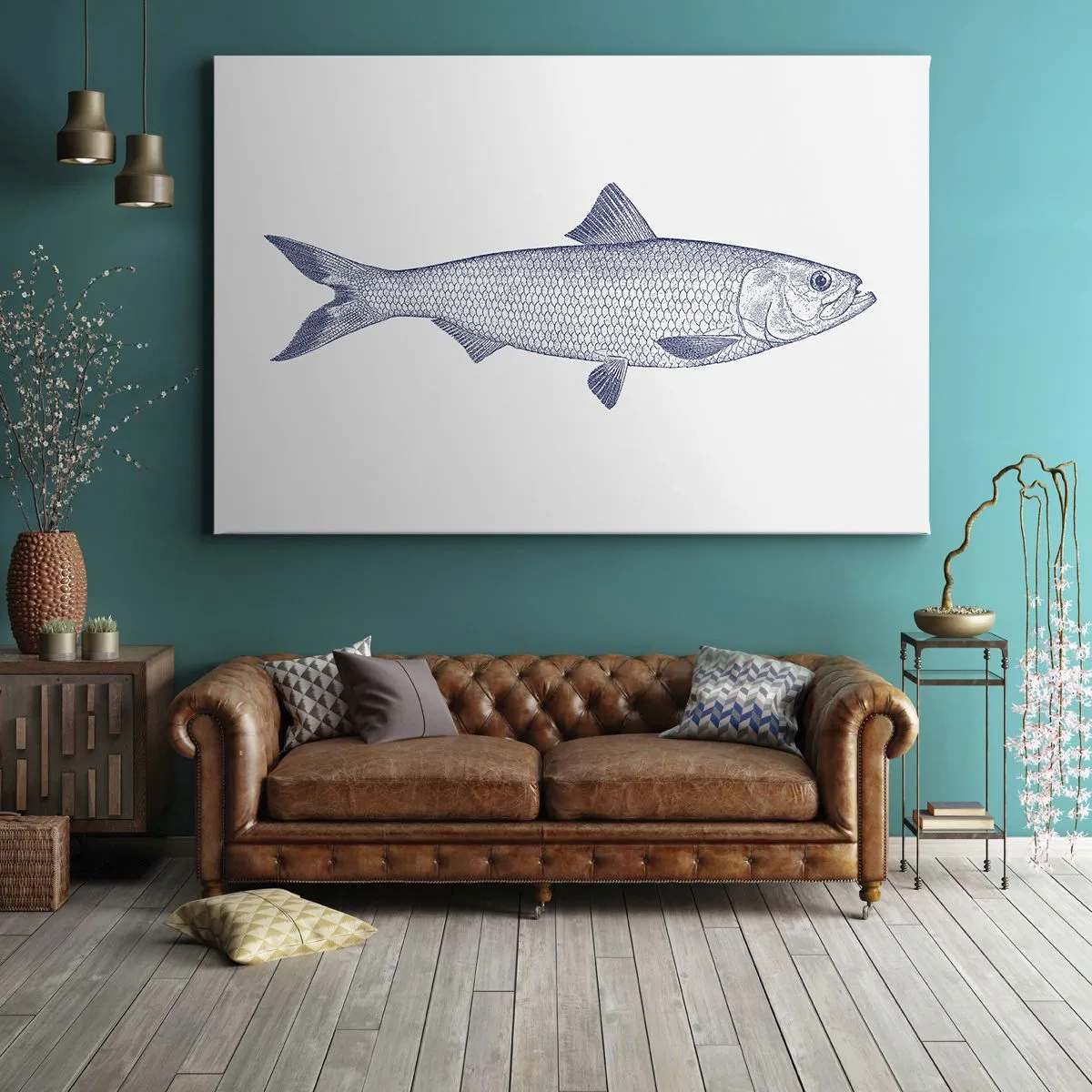 Impression sur toile - Image sur toile - Illustration d'un poisson dans des tons de bleu sur fond clair - 100x70cm - Salutations des mers du nord - Décoration murale moderne pour le salon et la chambre ARTTOR