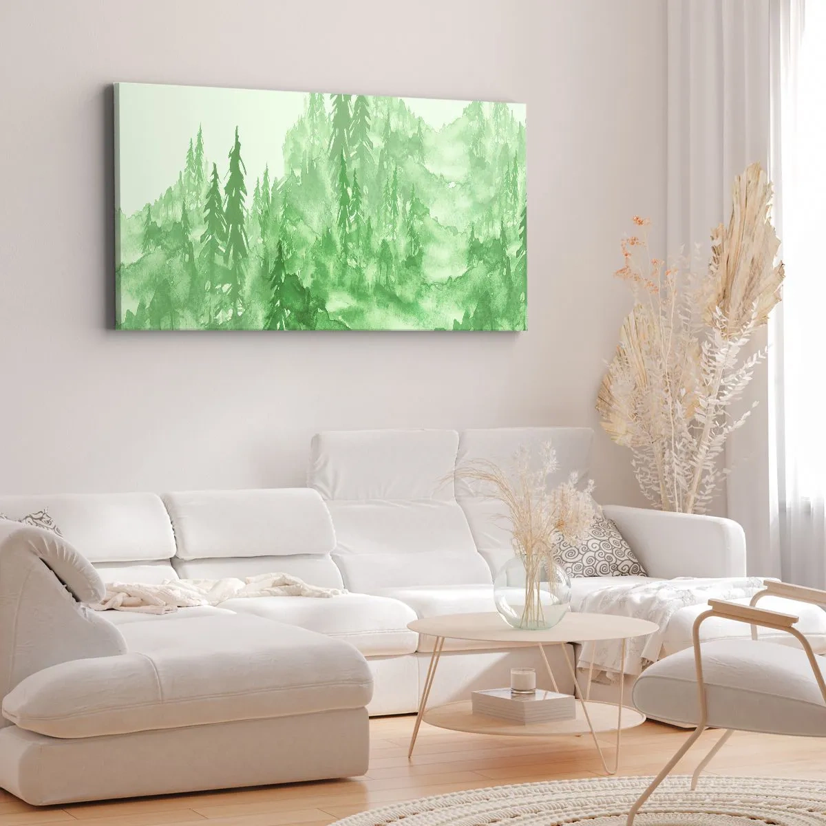 Impression sur toile - Image sur toile - Forêt verte dans un style aquarelle sur un fond clair - 120x50cm - Flou de brouillard vert - Décoration murale moderne pour le salon et la chambre ARTTOR