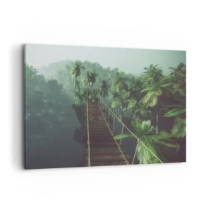 Impression sur toile - Image sur toile - Un pont suspendu dans une forêt tropicale entourée de brouillard. - 100x70cm - Au fil de la verdure - Décoration murale moderne pour le salon et la chambre ARTTOR