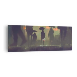 Impression sur toile - Image sur toile - Une silhouette avec un parapluie un soir pluvieux parmi les lumières de la ville - 140x50cm - Du point de vue d'une goutte de pluie - Décoration murale moderne pour le salon et la chambre ARTTOR