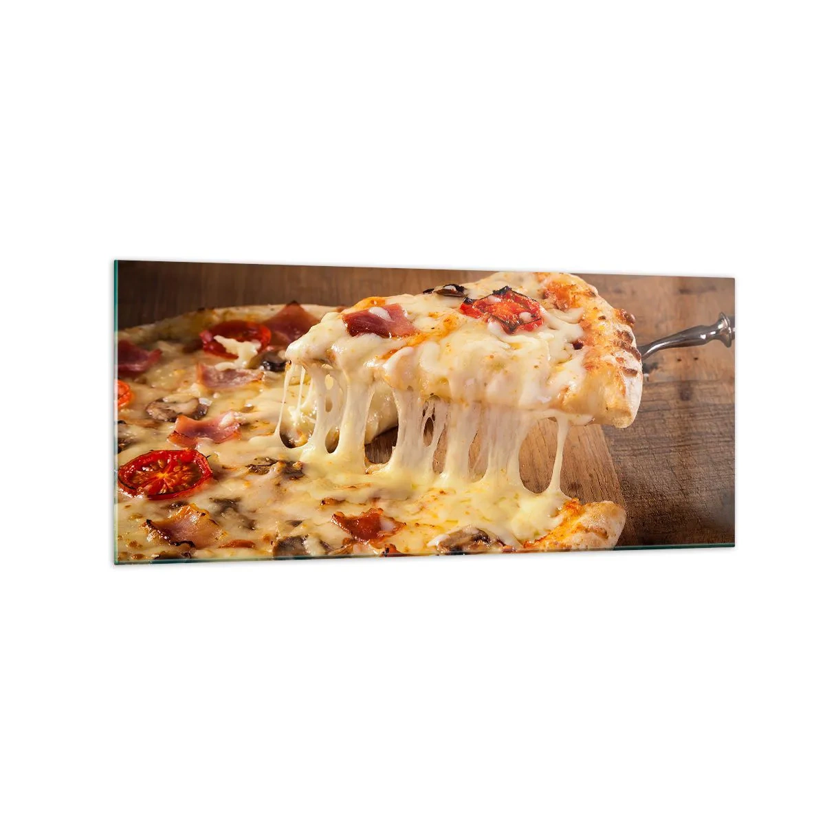 Impression sur verre - Image sur verre - Pizza au fromage filandreux - 120x50cm - Un chef-d'œuvre de l'art italien - Décoration murale moderne pour le salon et la chambre ARTTOR