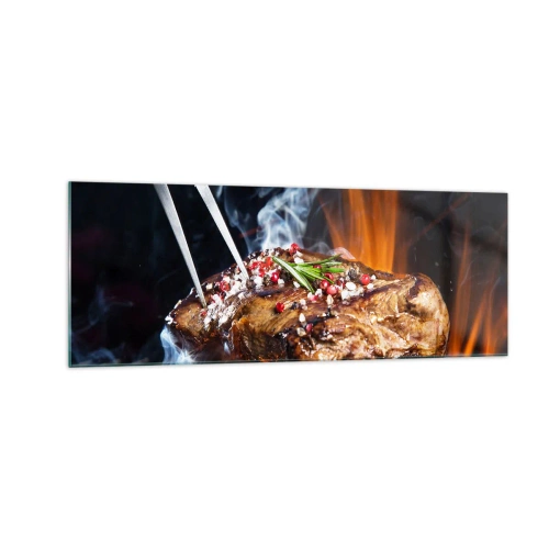 Impression sur verre - Image sur verre - Steak grillé sur un gril aux épices - 140x50cm - Juteux et parfumé - Décoration murale moderne pour le salon et la chambre ARTTOR
