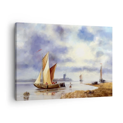 Impression sur toile - Image sur toile - Voiliers sur une eau calme avec des moulins à vent en arrière-plan - 70x50cm - Retour de marin - Décoration murale moderne pour le salon et la chambre ARTTOR