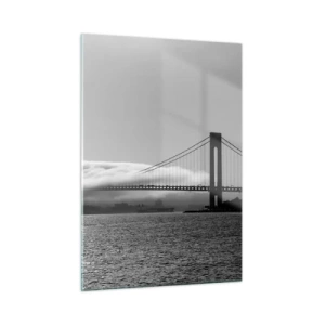 Impression sur verre - Image sur verre - Un pont en noir et blanc avec du brouillard sur l'eau - 50x70cm - Naviguez à travers les Portes des Étoiles - Décoration murale moderne pour le salon et la chambre ARTTOR