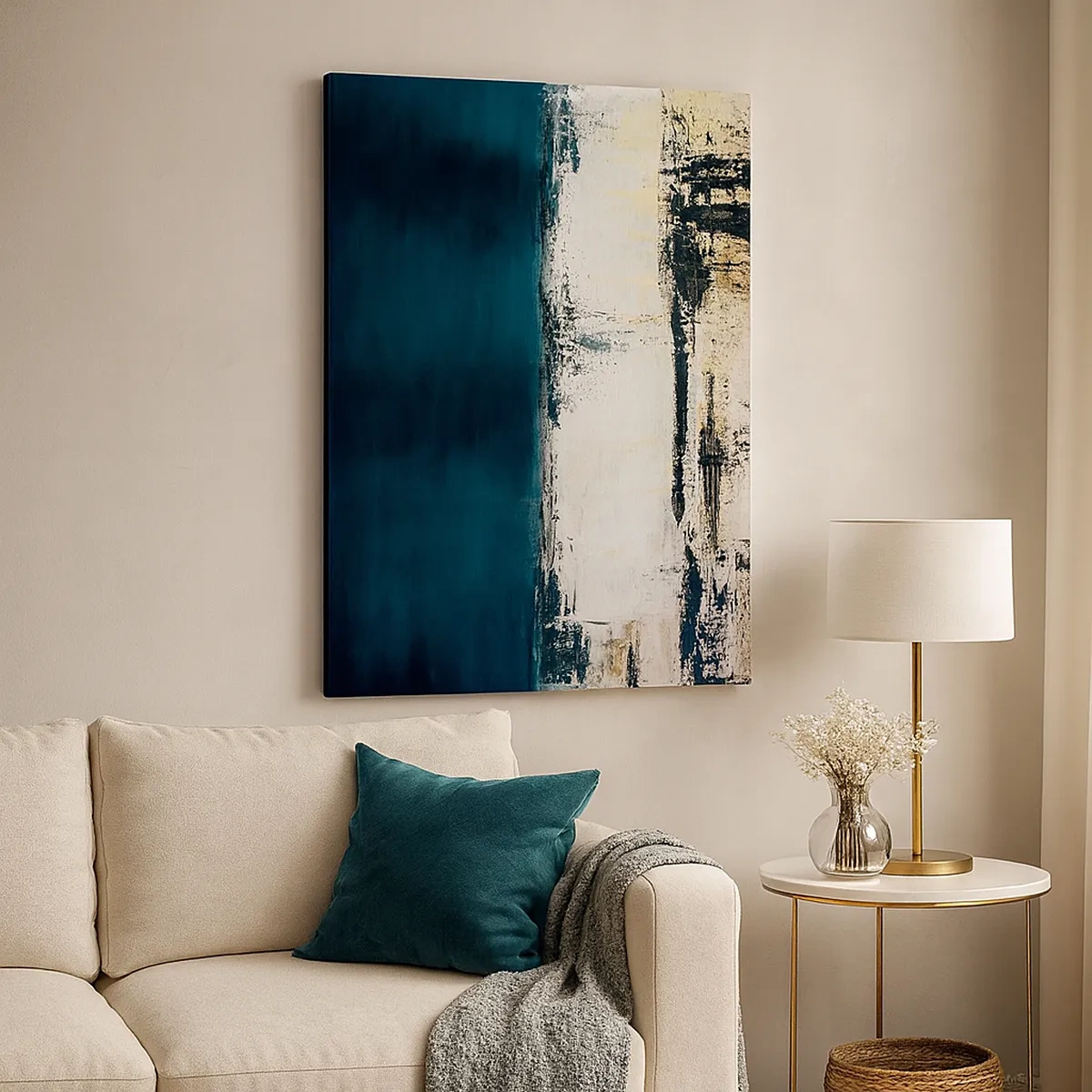 Impression sur toile - Image sur toile - Composition horizontale abstraite dans les tons bleu marine et blanc - 50x70cm - Composition horizontale - Décoration murale moderne pour le salon et la chambre ARTTOR
