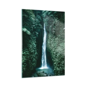 Impression sur verre - Image sur verre - Une cascade au milieu d'une végétation tropicale dense - 50x70cm - Fontaine tropicale - Décoration murale moderne pour le salon et la chambre ARTTOR