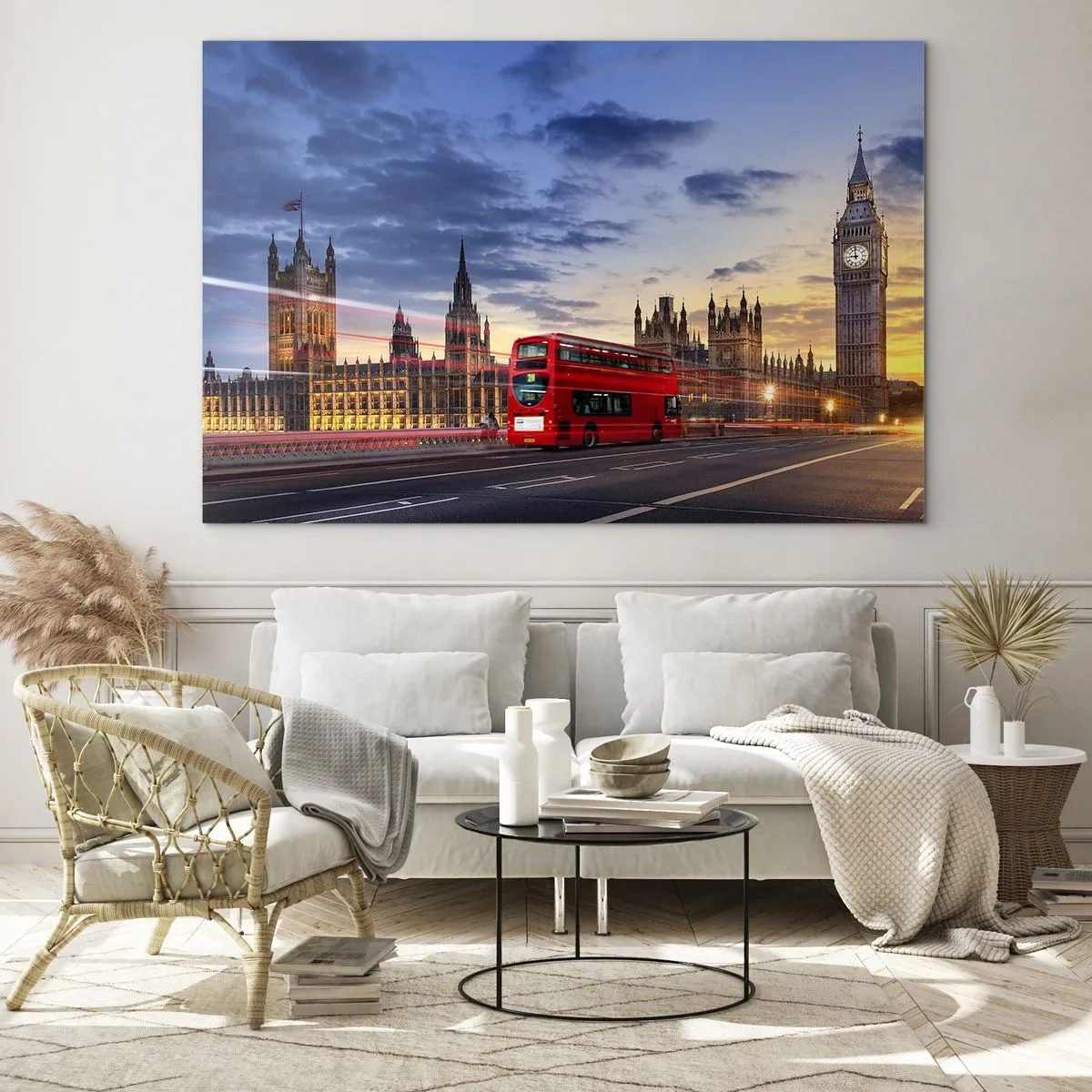 Impression sur verre - Image sur verre - Big Ben et le bus rouge à Londres au coucher du soleil - 70x50cm - Caractères spéciaux - Décoration murale moderne pour le salon et la chambre ARTTOR