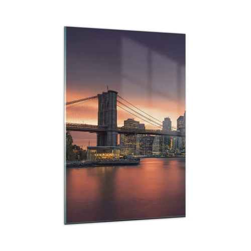 Impression sur verre - Image sur verre - Panorama nocturne de la ville avec un pont et un ciel illuminé - 80x120cm - Immergé dans le silence lilas - Décoration murale moderne pour le salon et la chambre ARTTOR