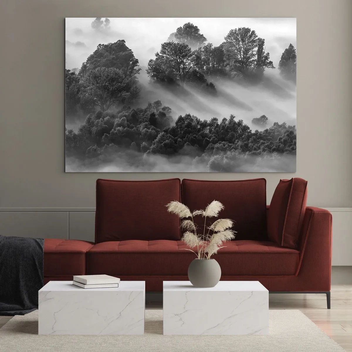 Impression sur verre - Image sur verre - Forêt brumeuse au soleil en noir et blanc - 70x50cm - Sortir de son sommeil - Décoration murale moderne pour le salon et la chambre ARTTOR