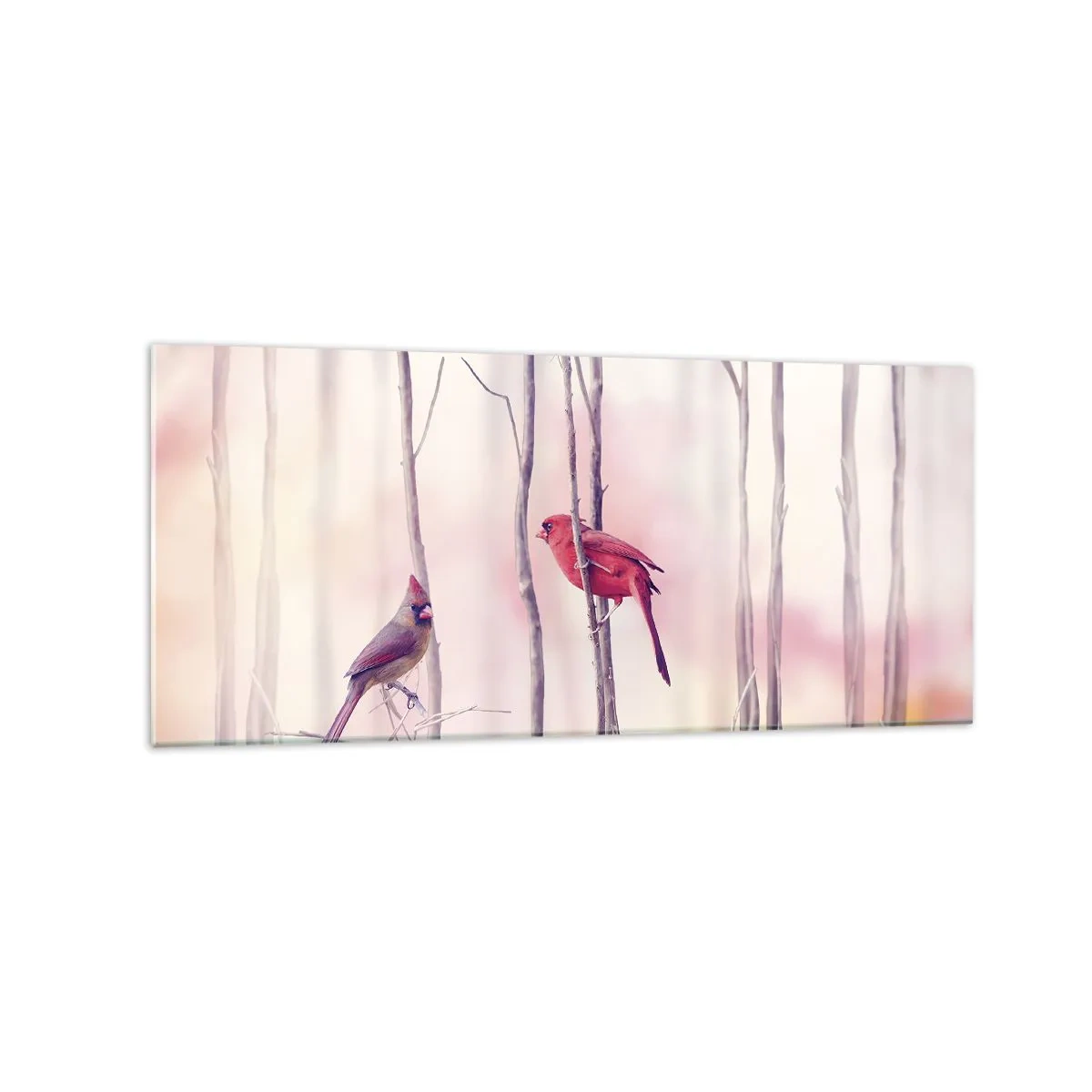 Impression sur verre - Image sur verre - Un couple de cardinaux perchés sur des branches dans un paysage pastel - 120x50cm - Conte de la forêt rose - Décoration murale moderne pour le salon et la chambre ARTTOR