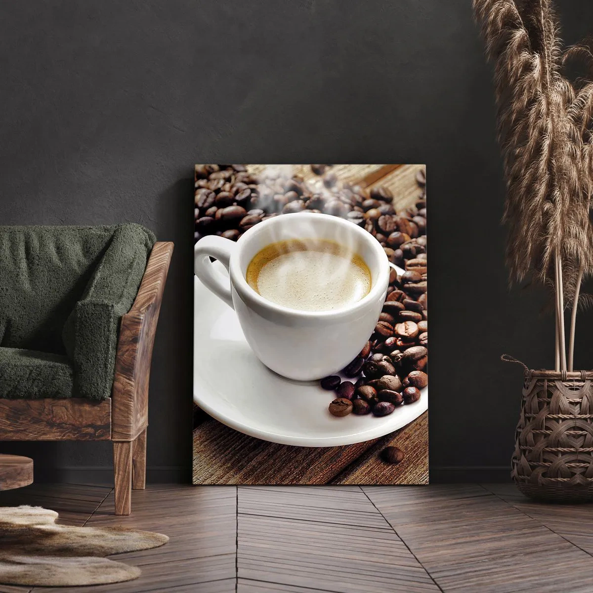 Impression sur toile - Image sur toile - Une tasse de café aromatique sur fond de grains et d'une feuille - 50x70cm - Café sur un banc - Décoration murale moderne pour le salon et la chambre ARTTOR