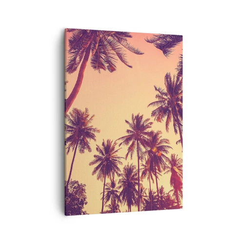 Impression sur toile - Image sur toile - Palmiers contre le ciel aux couleurs chaudes du coucher de soleil - 50x70cm - Variation tropicale - Décoration murale moderne pour le salon et la chambre ARTTOR