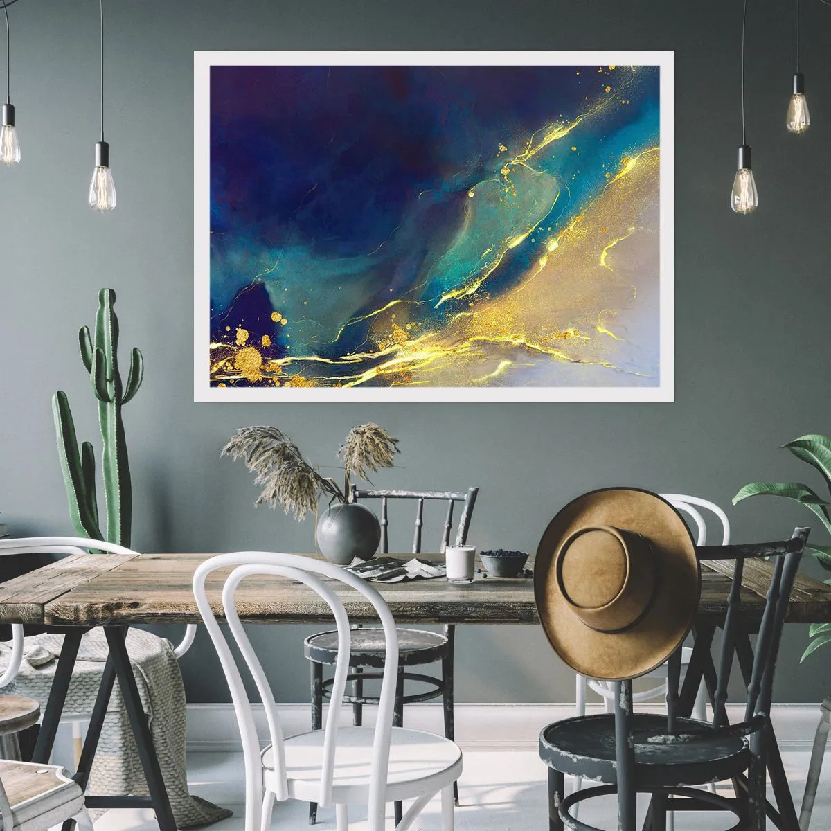 Affiche - Poster - Composition abstraite dans les tons bleu et or sur toile - 100x70cm - Coulée d'or - Décoration murale moderne pour le salon et la chambre ARTTOR