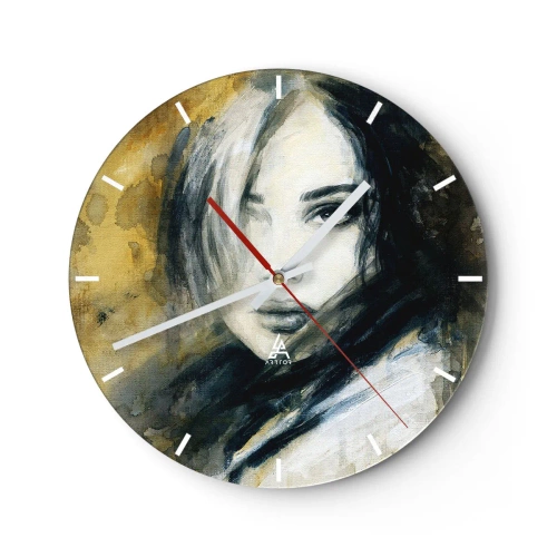 Horloge murale - Pendule murale - Portrait d'une femme dans un style artistique dans les tons d'or et de noir - 30x30cm - plutôt innocente ou sensuelle ? - Décoration murale moderne pour le salon, la cuisine et la chambre ARTTOR