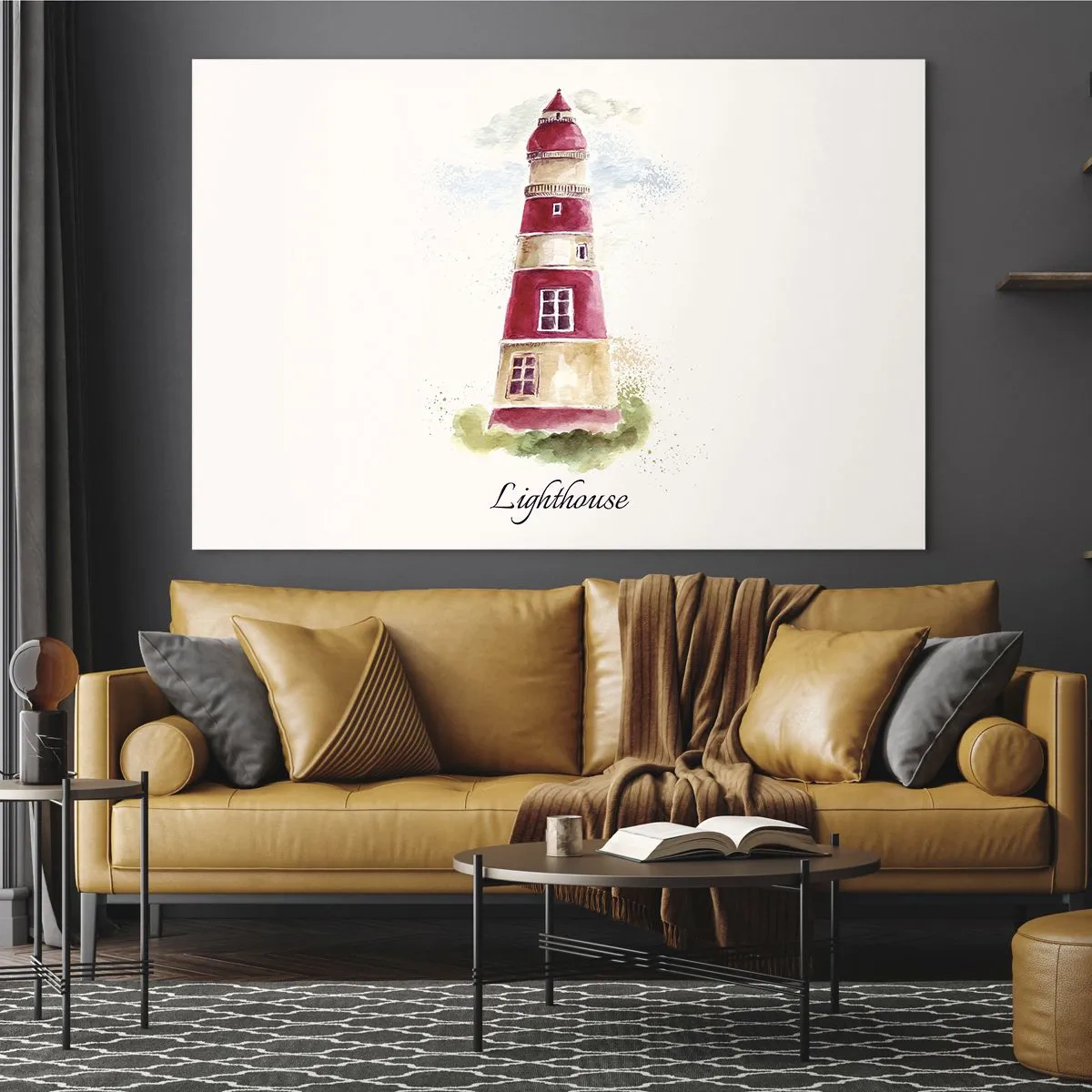 Impression sur verre - Image sur verre - Phare aquarelle avec l'inscription Phare - 100x70cm - Il y a toujours beau temps autour - Décoration murale moderne pour le salon et la chambre ARTTOR
