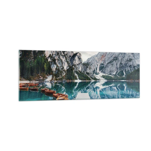 Impression sur verre - Image sur verre - Un lac avec des bateaux entouré de montagnes - 140x50cm - On va te montrer la beauté - Décoration murale moderne pour le salon et la chambre ARTTOR