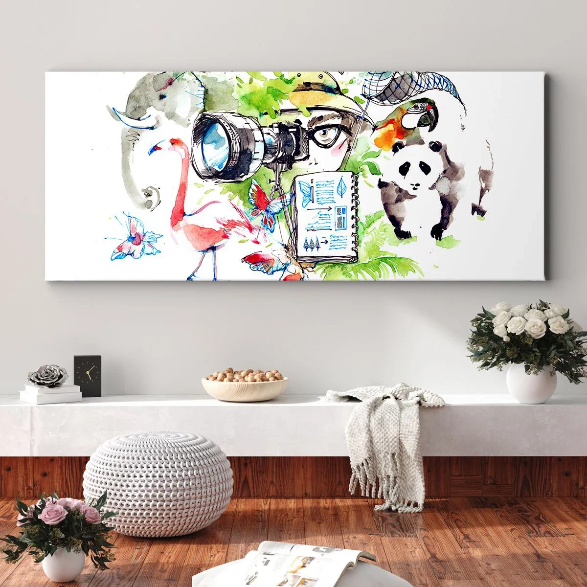 Impression sur toile - Image sur toile - Des graphismes colorés sur le thème de la nature et du safari - 140x50cm - Dans l'objectif d'un voyageu - Décoration murale moderne pour le salon et la chambre ARTTOR