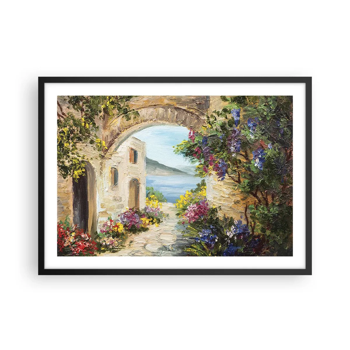 Affiche dans un cadre noir - Poster - Paysage de bord de mer avec des bâtiments en pierre et des fleurs - 70x50cm - Le charme d'une province côtière - Décoration murale moderne pour le salon et la chambre ARTTOR