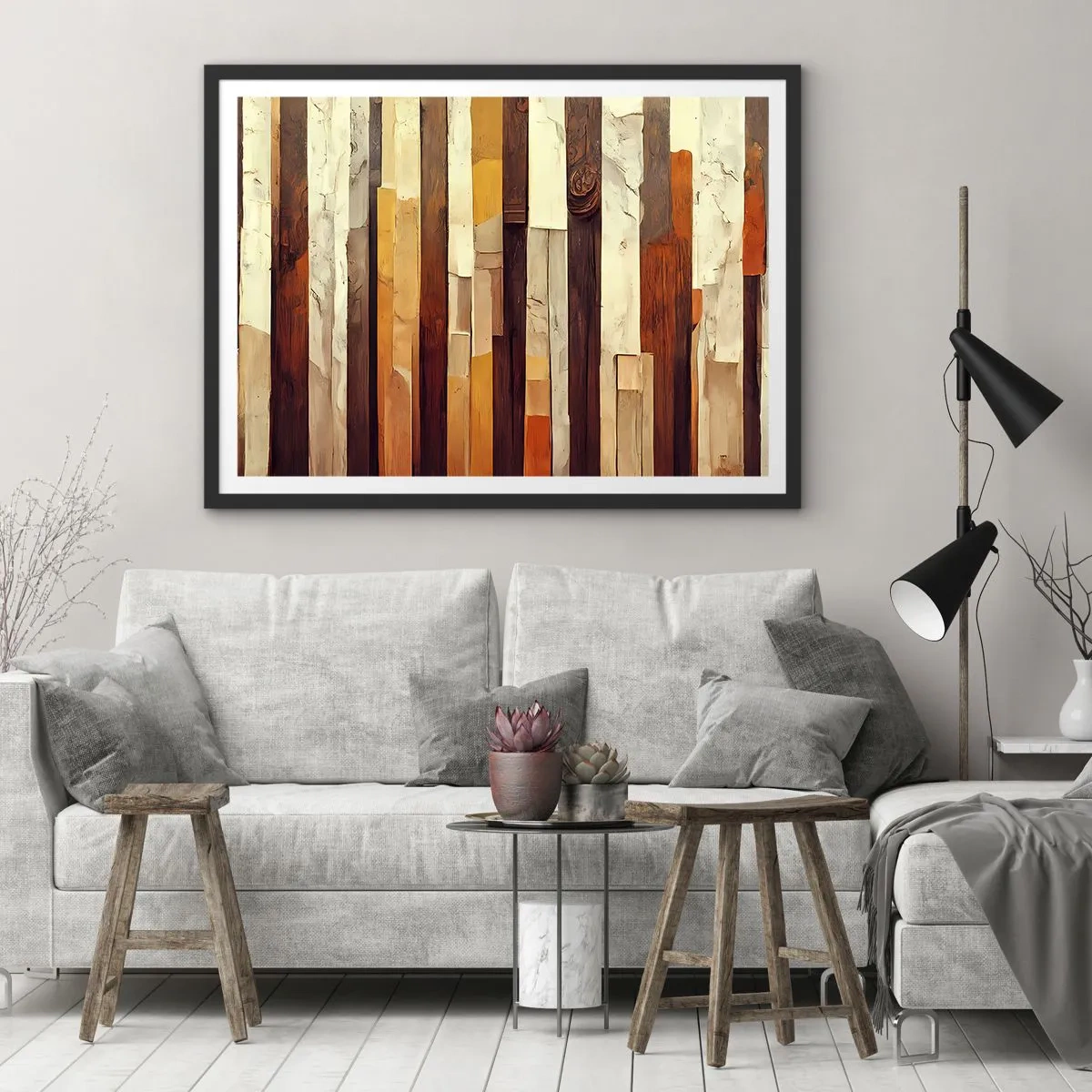 Affiche dans un cadre noir - Poster - Composition géométrique dans les tons de bois et d'or - 70x50cm - Hymne des arbres forestiers - Décoration murale moderne pour le salon et la chambre ARTTOR