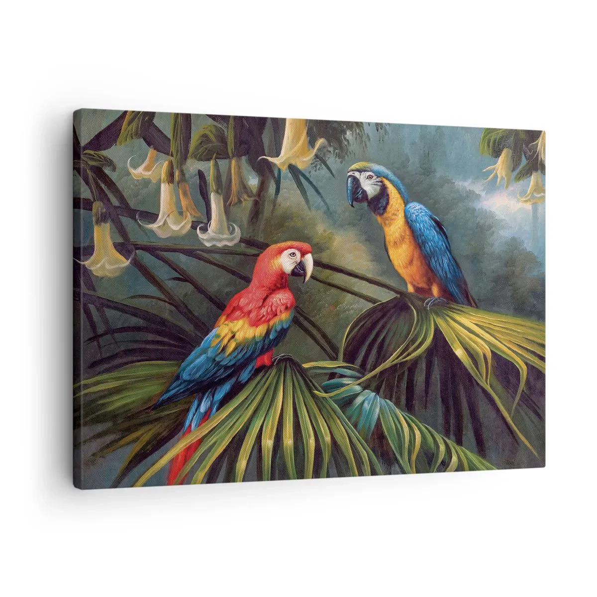 Impression sur toile - Image sur toile - Perroquets dans une forêt tropicale avec des fleurs exotiques en arrière-plan - 70x50cm - Romantisme dans les tropiques - Décoration murale moderne pour le salon et la chambre ARTTOR