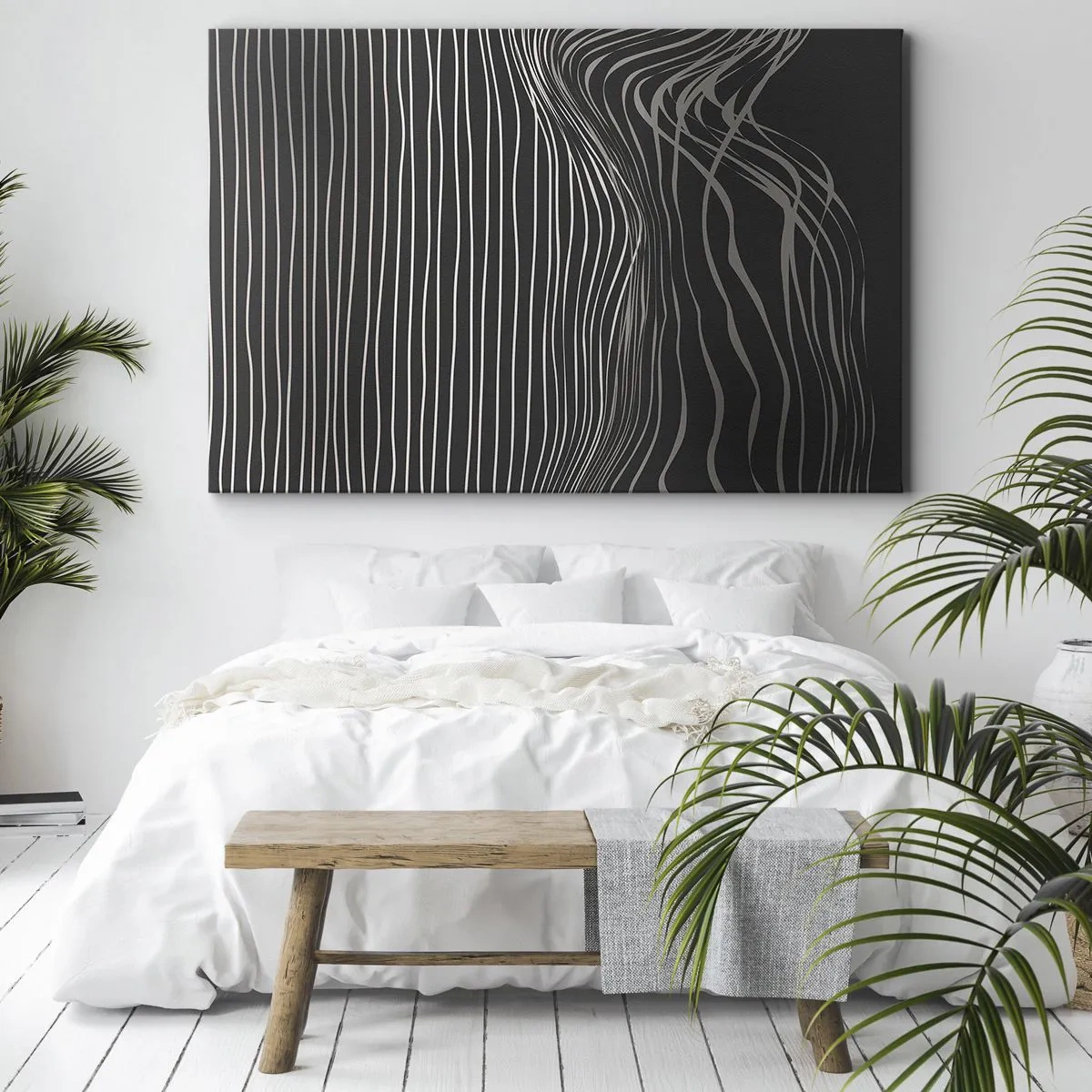 Impression sur toile - Image sur toile - Lignes blanches sur fond gris foncé dans un arrangement abstrait - 100x70cm - Rythme et accent - Décoration murale moderne pour le salon et la chambre ARTTOR