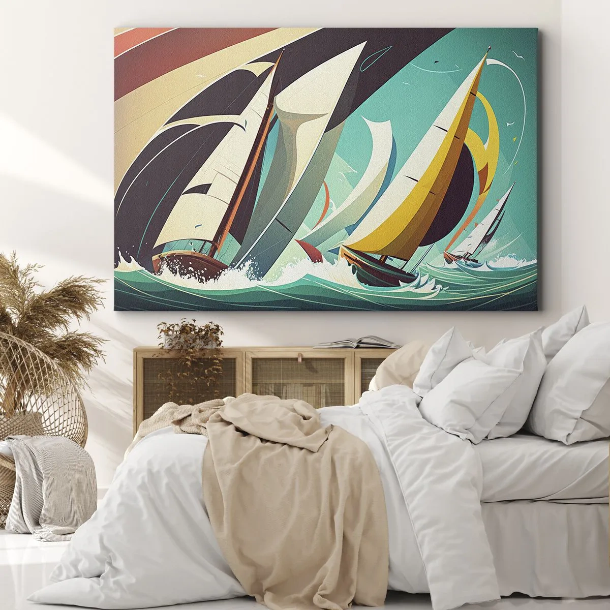 Impression sur toile - Image sur toile - Une illustration dynamique de voiliers dans une mer agitée. - 70x50cm - Bonne chance avec les éléments - Décoration murale moderne pour le salon et la chambre ARTTOR