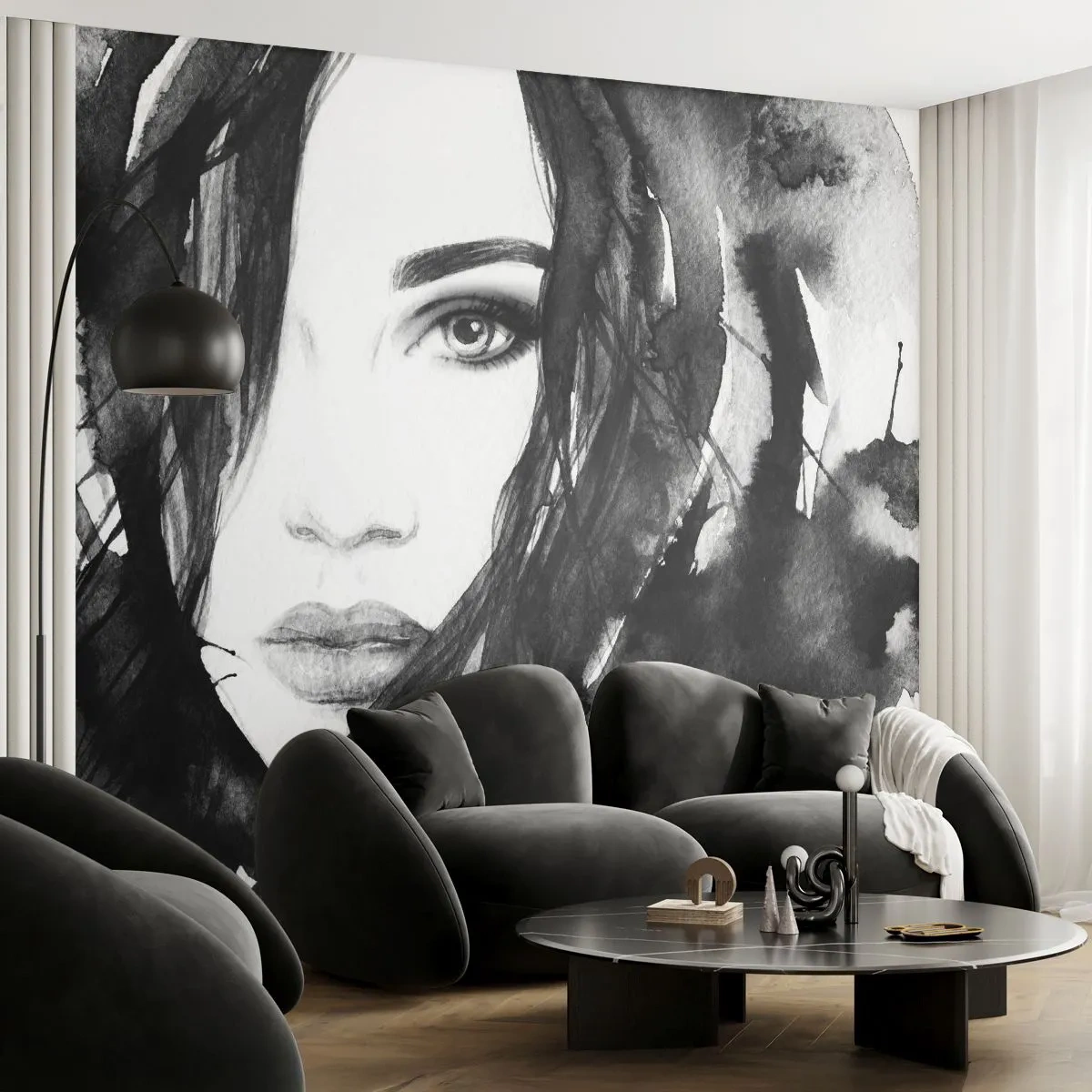 Papier Peint Photo Premium Canvas - Portrait d'une dame en noir et blanc - Abstraction, Visage de femme, Portrait - 250x175 cm