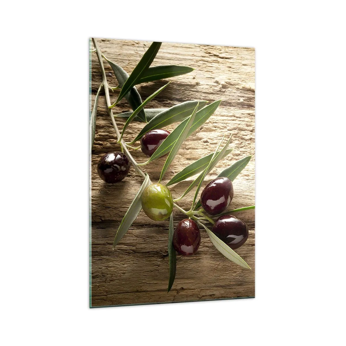 Impression sur verre - Image sur verre - Branche d'olivier avec des fruits sur un fond de bois vieilli - 70x100cm - Directement de la nature - Décoration murale moderne pour le salon et la chambre ARTTOR