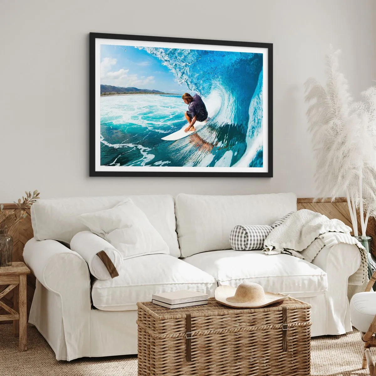 Affiche dans un cadre noir - Poster - Un surfeur dans une pose dynamique sur une vague dans une eau turquoise. - 100x70cm - Danse avec les vagues - Décoration murale moderne pour le salon et la chambre ARTTOR