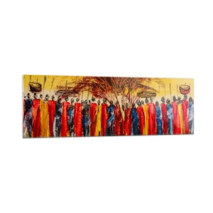 Impression sur verre - Image sur verre - Une scène colorée avec des personnages africains sur fond de soleil couchant. - 160x50cm - Là-bas, là-bas, ils vont là-bas - Décoration murale moderne pour le salon et la chambre ARTTOR
