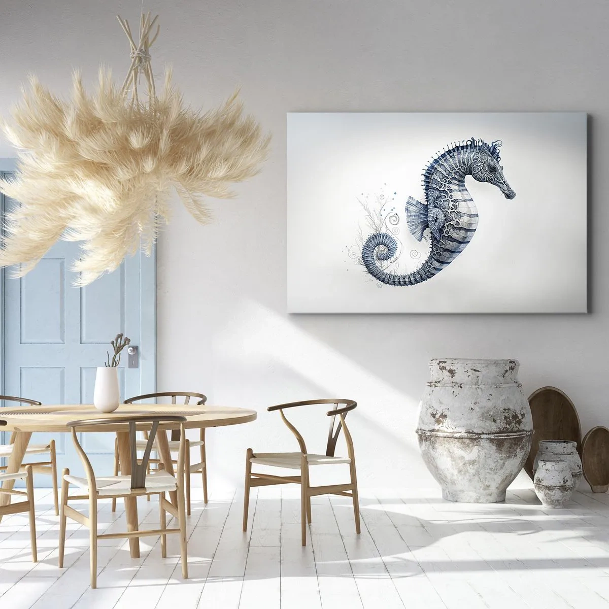 Impression sur toile - Image sur toile - Hippocampe dans des tons de bleu avec des détails à l'aquarelle - 100x70cm - Une subtile plaisanterie de la nature - Décoration murale moderne pour le salon et la chambre ARTTOR